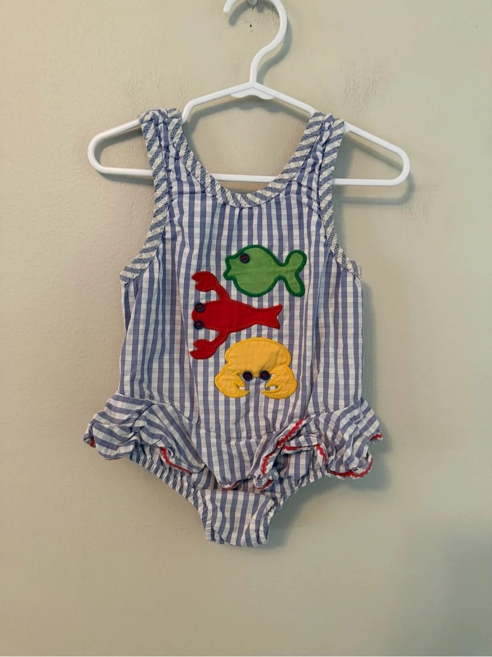 The Bailey Boys Blue Stripe One-Piece Swimsuit with Colorful Sea Appliqués